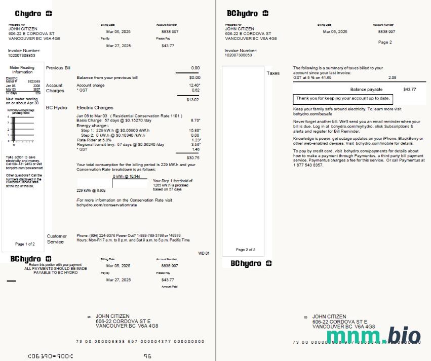 Canada chydro rachunek za media template in Word i PDF formtas, 2 strony